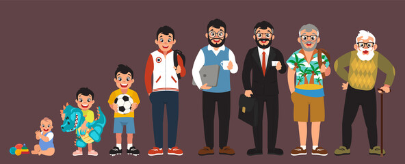 clip art men's stages of development set, cartoon design, generation stages, vector illustration, (set 2/2), big black eyes, black hair, Asian, Arab, Latino, Caucasian