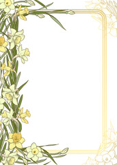 Multicolor vertical rectangle frame on a white and gold background. Template for a wedding or greeting cards, invitations, labels. Hand drawn daffodils vector illustration.