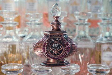 Selective Focus to Ornate Oriental Perfume Bottle close up on blurred Perfume Shop Display. 