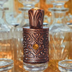 Selective Focus to Ornate Oriental Perfume Bottle close up on blurred Perfume Shop Display. 