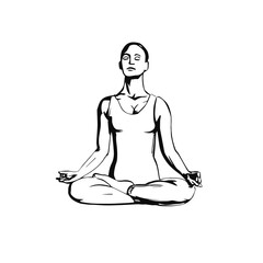 Young Woman in Yoga Pose Lotus, Drawn Yoga Vector Illustration