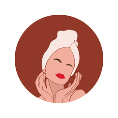 Face care. Beauty salon. European woman. Spa. Vector illustration. Icon