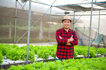 Young Asian farmers are checking vegetables from hydroponics farms in the morning, hydroponics, fresh vegetables harvested organically, hydroponics farmers in greenhouses.