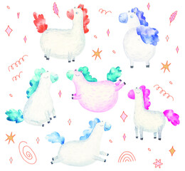 set of cute ponies, children's watercolor illustration, room design, printing