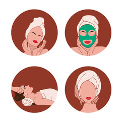 Face care. Beauty salon. European woman. Spa. Vector illustration. Icon
