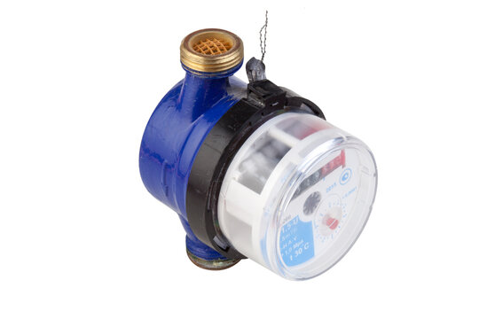 KIEV, UKRAINE - November 26, 2020: Water meter Gidrotek ET 1.5U for cold water. Blue modern radio wireless water meter close up