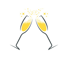 Congratulations with champagne. Party invitation with greeting card and bright drawing.

