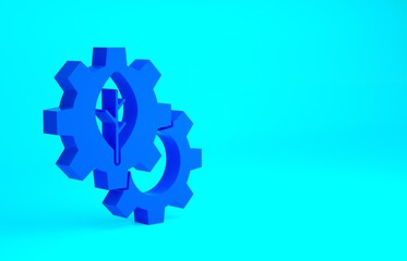 Blue Leaf plant ecology in gear machine icon isolated on blue background. Eco friendly technology. World Environment day label. Minimalism concept. 3d illustration 3D render.