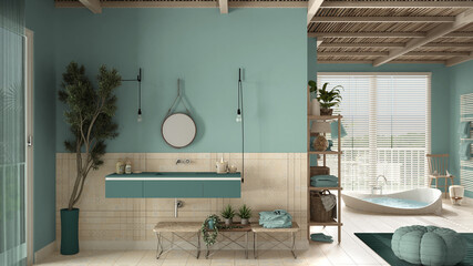 Cosy wooden peaceful bathroom in turquoise tones, bathtub, ceramic tiles, sink with mirror and little potted tree, pouf, shelves, big window, spa, hotel suite, modern interior design