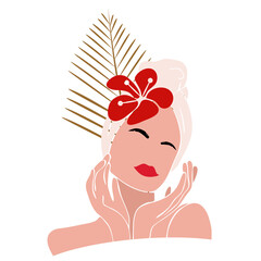 Face care. Beauty salon. European woman. Spa. Vector illustration. Icon. Exotic flowers