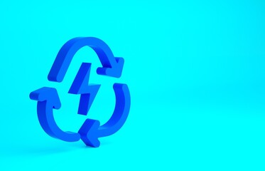 Blue Battery with recycle symbol line icon isolated on blue background. Battery with recycling symbol - renewable energy concept. Minimalism concept. 3d illustration 3D render.