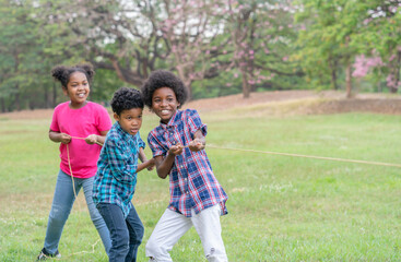 Obraz premium Happy African American childrens playing rope tug of war in the park, Education outdoor concept
