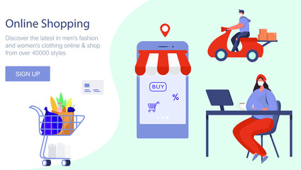 Express Food Delivery.Online Shopping.Food and Boxes Transportation and Online Order on Internet.Deliver on Bike.Shopping Cart.Stay Home on Quarantine During Coronavirus.Flat Vector Illustration