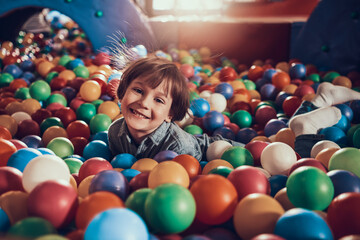 Fototapeta na wymiar Cheerful boy having fun in amusement park.
