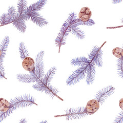 А seamless new year pattern of blue spruce branches with cones on a white background