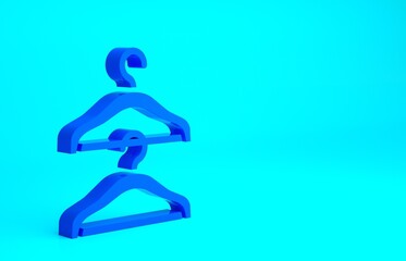 Blue Hanger wardrobe icon isolated on blue background. Cloakroom icon. Clothes service symbol. Laundry hanger sign. Minimalism concept. 3d illustration 3D render.