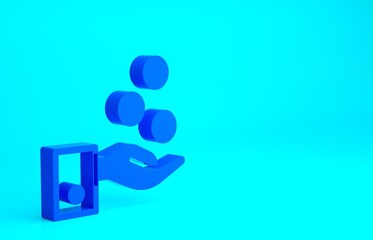 Blue People paying tips to service staff in restaurant and hotel icon isolated on blue background. Tips money cash coin hotel resort service. Minimalism concept. 3d illustration 3D render.