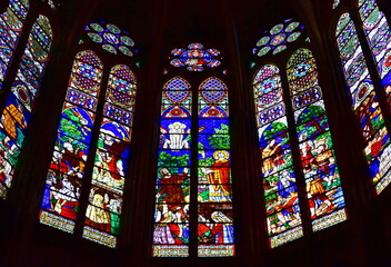 Apse stained glass windows at Basilique Royale de Saint-Denis. Paris, France.
