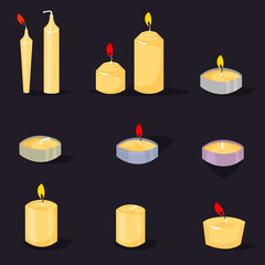 Candles in a flat style. Cartoon burning candles with candle holder and fire wax flame bright decoration flat vector.