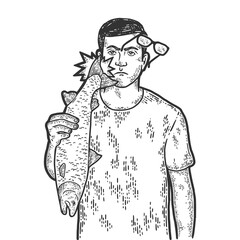 Slap tail of fish tail. Engraving raster illustration. Sketch scratch board imitation.