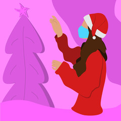a Girl wearing a mask looking at the Christmas tree