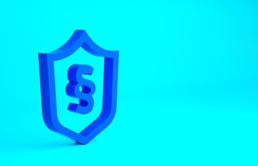 Blue Justice law in shield icon isolated on blue background. Minimalism concept. 3d illustration 3D render.