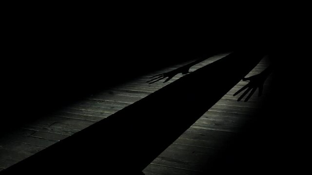 creepy silhouette, shadow of a scary ghostly creature on a wooden floor. shadow of a witch. Psychotic woman