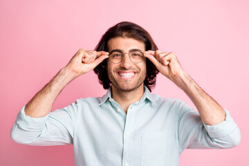 Close up photo of friendly toothy person arms touch glasses isolated on pastel pink color background