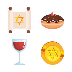 Happy hanukkah icon set design, holiday celebration judaism religion festival traditional and culture theme Vector illustration