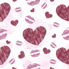 Pink Hearts and lip prints, stains seamless pattern. Hand drawn watercolor symbols of love. Trendy wrapping design for romantic, Valentines day, love concepts. Isolated on white background.