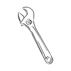 wrench, vector sketch illustration. Wrench. Hand drawn in a graphic style. Vintage vector engraving illustration for poster, web. Isolated on white background