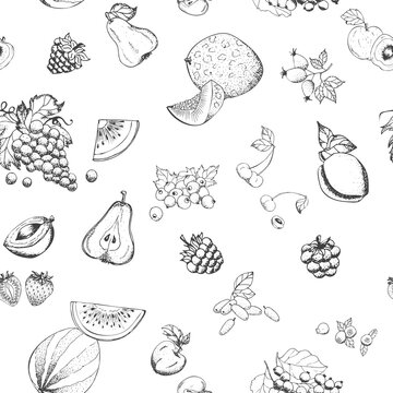 Vector fruits pattern. Vintage fruits seamless background
