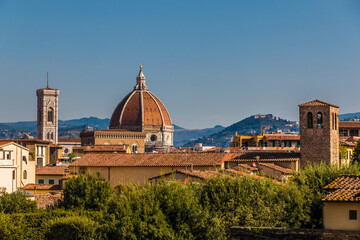Fototapeta na wymiar Beautiful panoramic rooftop view from Boboli Gardens of Florence with the Giotto's bell tower and the Duomo. In the background are the typical Tuscan hills and valleys on a sunny day with blue sky.