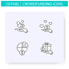 Crowdfunding line icons set. Profit sharing. Donation funds types. Funding and investment concept. Projects, business financing and capital raising. Isolated vector illustrations. Editable stroke 