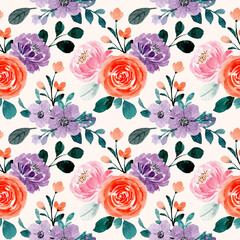 Seamless pattern with purple orange floral watercolor