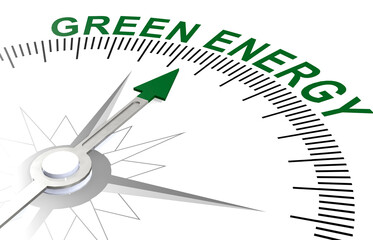Green energy word on white compass