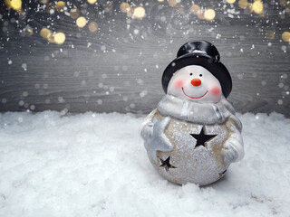winter background with snowman decor and snow