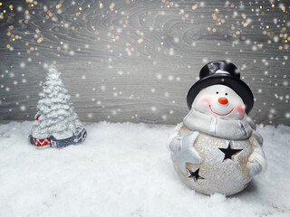 winter background with snowman decor and snow