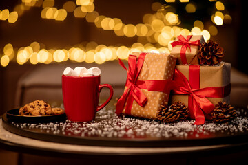 Christmas drink. Red cup of hot chocolate with marshmallows, cookies and gifts on festive background