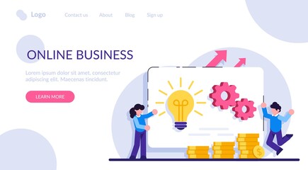 Online business concept. Business opportunity. Online business, key to success, decision making, problem solving, leadership, startup teamwork, collaboration. Modern flat illustration.