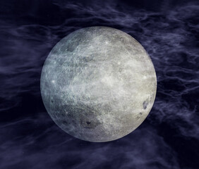 Full moon in night sky, with craters and surface details visible, map provided by nasa. 3d illustration