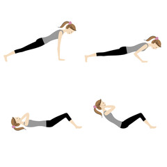 Illustration set of a woman exercising (Push-ups, sit-ups)