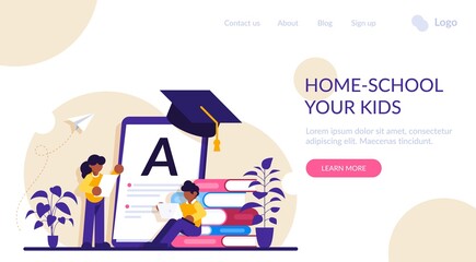 Home-school your kids concept. Children at home with tutor or parent getting education, tiny people. Home schooling, home education plan, homeschooling online tutor. Modern flat illustration.