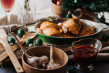 Christmas dinner duck, chicken on a wooden table Christmas background