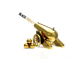 Golden Circus cannon shooting text Black Friday, 3d illustration