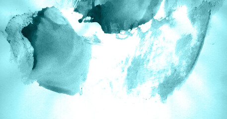 Abstract watercolor background hand-drawn on paper. Volumetric smoke elements. Blue-Green color. For design, web, card, text, decoration, surfaces.