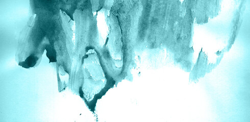 Abstract watercolor background hand-drawn on paper. Volumetric smoke elements. Blue-Green color. For design, web, card, text, decoration, surfaces.