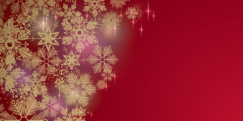 Gold winter snowflakes on red background - Merry Christmas and winter snow design banner
