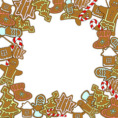 Vector illustration Frame of Christmas gingerbread and lollipops. For decoration, postcard, greeting card