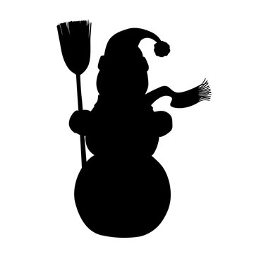 recommend clip art: Beautiful Christmas vector silhouette of decorated snowman with a hat holding a broom.
